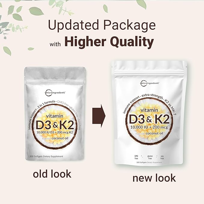 2 Pack Vitamin D3 10000 iu Plus K2 (MK-7) 200 mcg, 300 Virgin Coconut Oil Softgels | 2 in 1 Vitamins D & K Complex | Supports Calcium Absorption, Bone, Immune, & Heart Health – Easy to Swallow