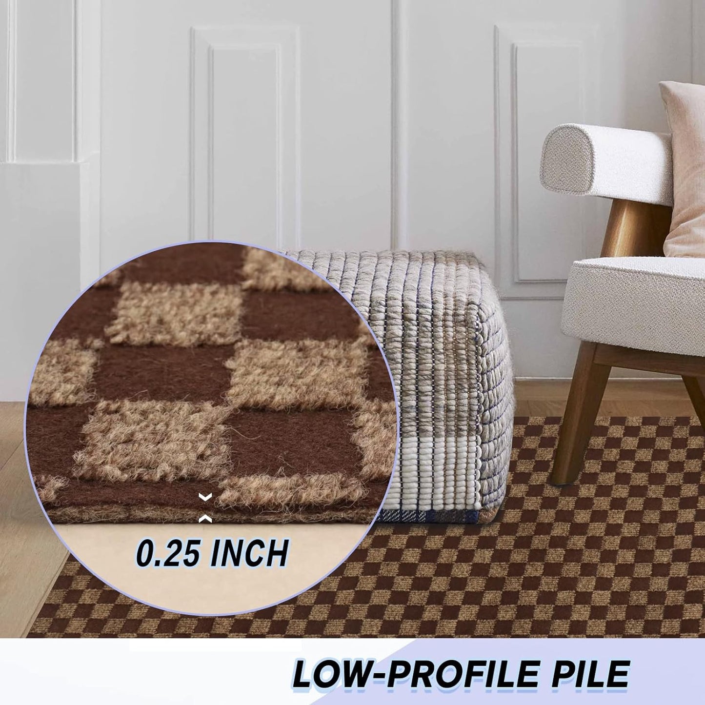 Custom Size Backed Non-Slip Area Rugs Runner, Easy Clean, Waterproof Runner Rugs for Hallway Entryway, Kitchen, Laundry, 4FT x 32FT, Brown Checkered