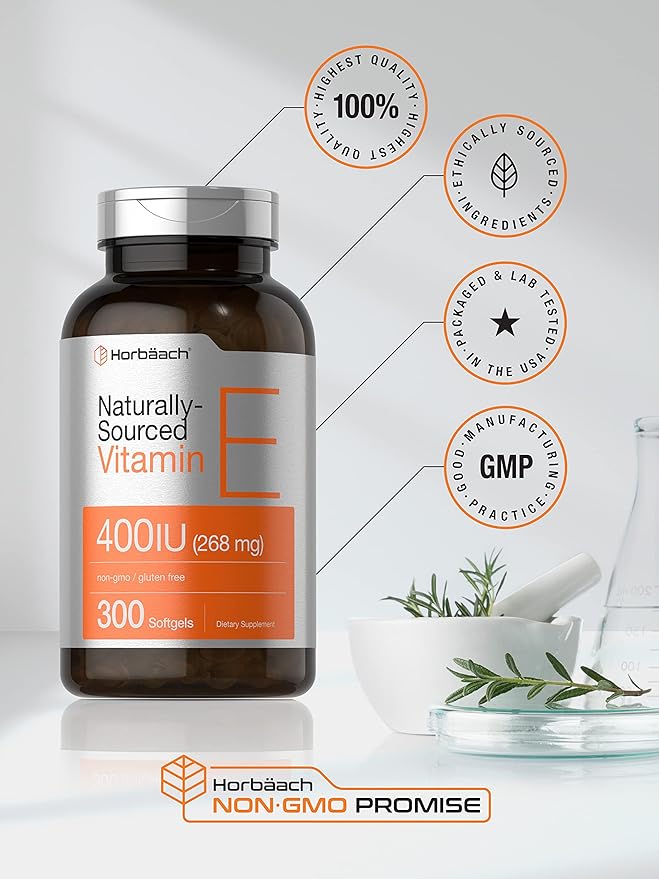 Horbäach Vitamin E Softgel Capsules | 400 iu | 268mg | 300 Count | Non-GMO and Gluten Free Naturally-Sourced Formula | D-Alpha Tocopherol