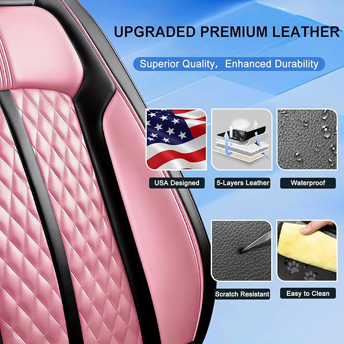 Fit RAV4 Car Seat Covers for Select Toyota RAV 4 2013-2026/RAV4 Hybrid - Premium Full Coverage Leather, Airbag Compatible, Waterproof & All Weather Seat Protector, Front Pair Black+Pink