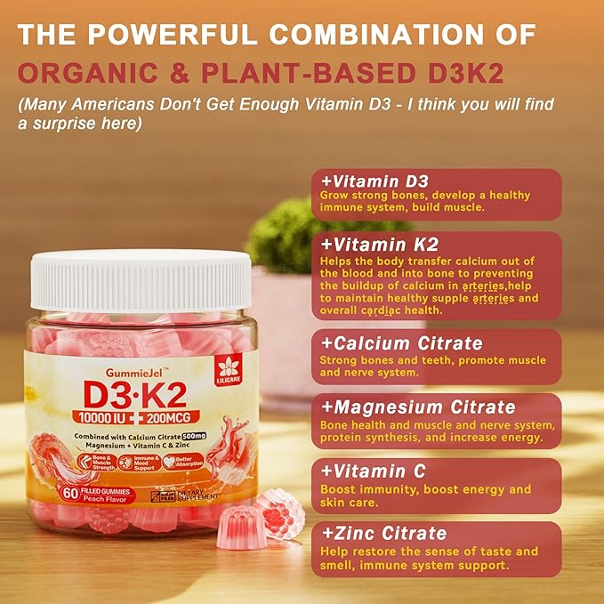 Vitamin D3 K2 Gummies 5000IU / 10,000 IU with 500mg Calcium + K2(MK-7) 200mcg, Magnesium, Vitamin C & Zinc, Extra Strength - Ultimate Absorbency for Bones, Muscles, Teeth, Vegan, 60 Count (Pack of 1)