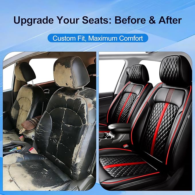 Fit Prologue Car Seat Covers for Select Honda Prologue 2024-2026 - Premium Full Coverage Leather, Airbag Compatible, Waterproof & All Weather Seat Cushion Protector, Full Set, Red Trim