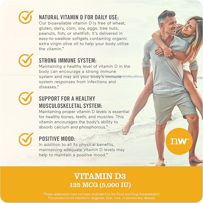 NatureWise Vitamin D3 5000iu (125 mcg) 30-Day Supply for Immune Support, Healthy Muscle Function, and Bone Health - Non-GMO, Gluten Free in Organic Extra Virgin Olive Oil, (Mini Softgel), 30 Count