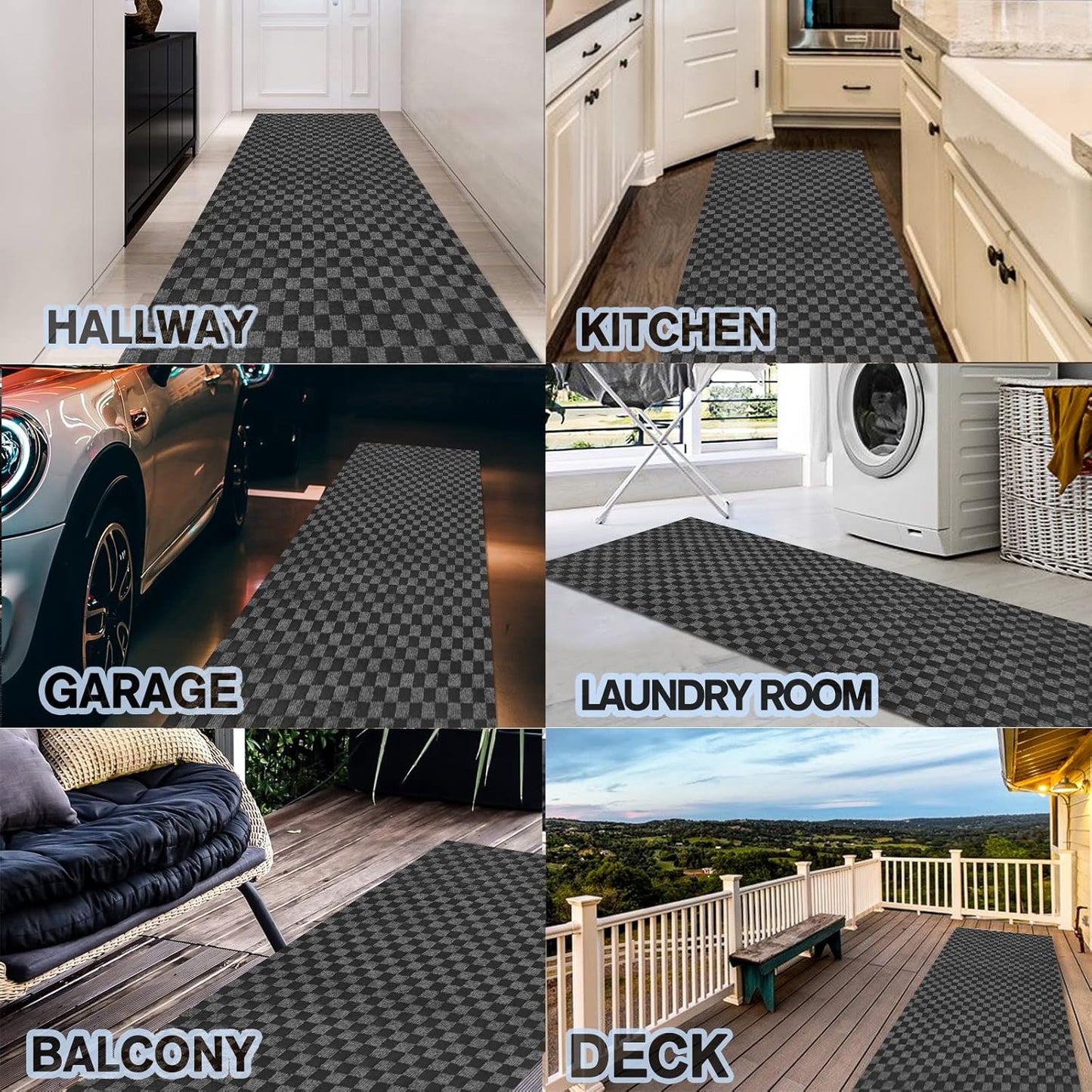 Custom Size Backed Non-Slip Area Rugs Runner, Easy Clean, Waterproof Runner Rugs for Hallway Entryway, Kitchen, Laundry, 2FT x 64FT, Gray Checkered
