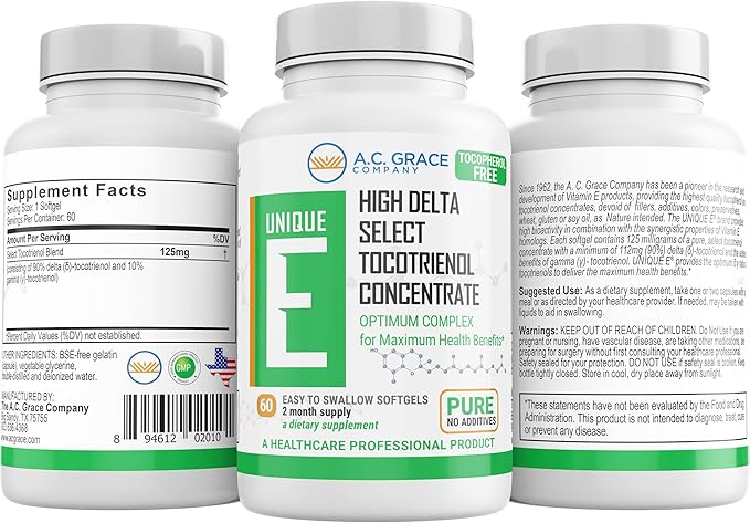 UNIQUE E A.C. Grace Company, Tocotrienols - Tocopherol Free Softgels, 60 Count
