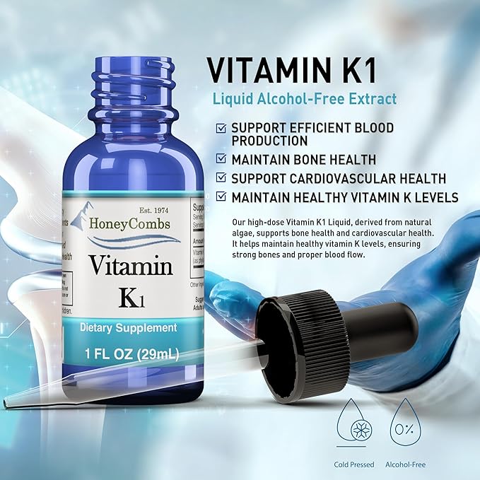 HoneyCombs Vitamin K1 Liquid – Alcohol-Free Oral Vitamin K1 Drops - Liquid Vitamin K – Vegan, Non-GMO Vitamin Liquid Extract for Internal & External Use - 1 Fl Oz