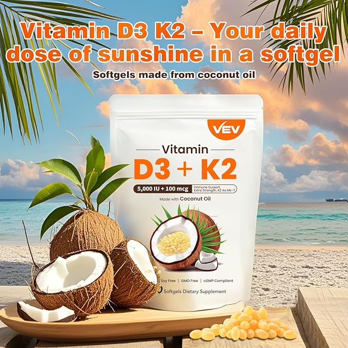 VEV Vitamin D3 K2, 5000 IU D3 100mcg K2 (MK 7), 300 Softgels, 2-in-1 Vitamin D & K Supplement with Coconut Oil, Supports Calcium Absorption and Bone Health, Easy to Swallow