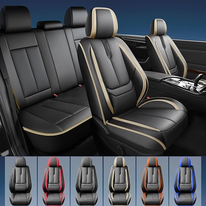Fit Accent Car Seat Covers for Hyundai Accent 2006-2025 2026 -Upgraded Premium Waterproof & Breathable Leather,Airbag Compatible,All-Weather Seat Cushion Protector,2 Front/Black-Beige