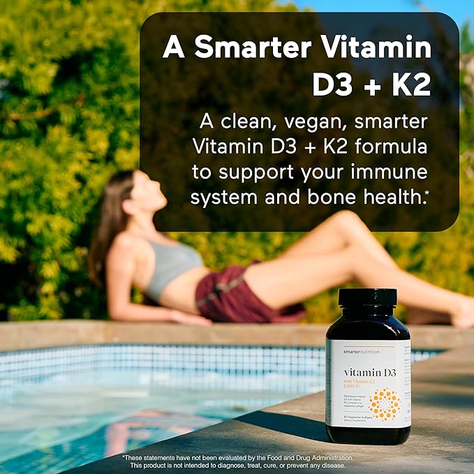 Smarter Nutrition Vegan Vitamin D3 5000 IU + Vitamin K2 1100 mcg with Organic Coconut & Olive Oil - D3 K2 Supplement for Immune Support & Bone Health in a Vegan Softgels - 360 Count [180 Day Supply]