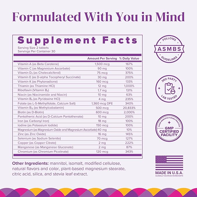 BariMelts Bariatric Multivitamin with Iron, 60 Fast-Dissolving Tablets (1-Month Supply), Sugar-Free Bariatric Vitamins for Women, Natural Blueberry Flavor