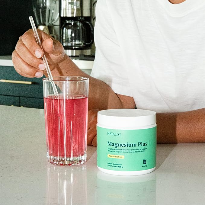 NATALIST Magnesium Plus 300 mg Drink Mix with Calcium & Vitamin D3 - Complete Whole Body Replenish & Relax Supplements for Women - Vegetarian, Gluten-Free Raspberry Flavor Powder - 15 Servings
