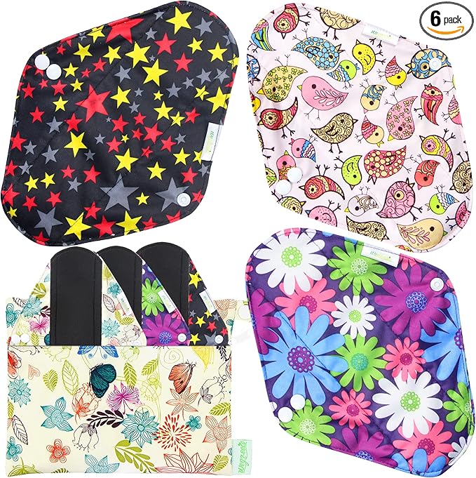 wegreeco Reusable Menstrual Pads - Reusable Sanitary Pads | Reusable Panty Liners | Soft Cloth Menstrual Pads - 6 Pack with 1 Cloth Mini Wet Bag (Large, Mix Prints)