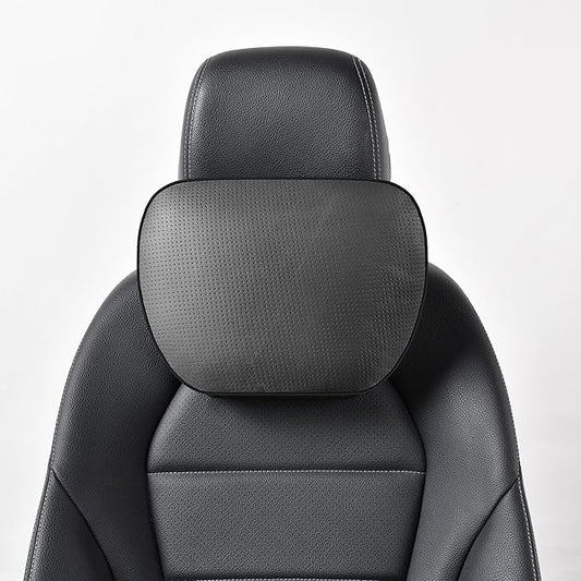 Genuine Leather Car Neck Pillow for headrest,Support Drive Seats Head Cushion,Real Cow Leather,11.8x7.5”,Plant-Based Polyester,Thickness & Height Adjustable,Inner Liner fillable(Black,1p)