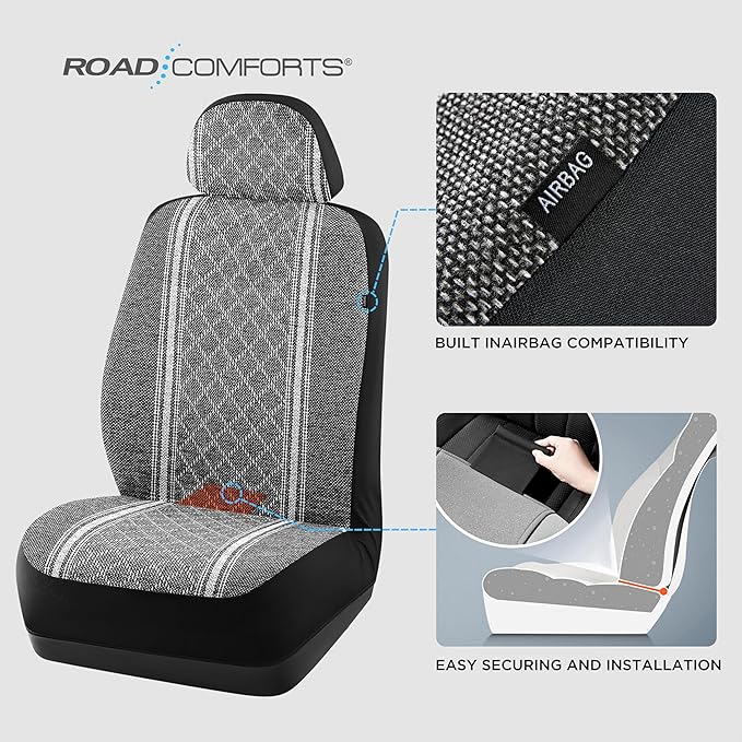 Road Comforts Baja Blanket Seat Covers Gray Diamond Bucket Seat Covers Low Back - Jacquard Fabric, Airbag Compatible, Universal Fit for Cars, Trucks, SUVs, and Vans
