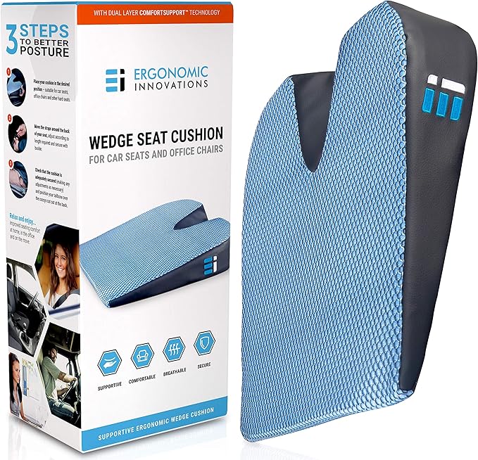 Premium Wedge Car Seat Cushion for Driving - Sciatica Seat Cushion for Car, Office, Home, Back Pain, Hip Support, Sciatica Pain Relief - Ergonomic Non-Slip Memory Foam Driving Pillow 17.5 x 15 x 3.5