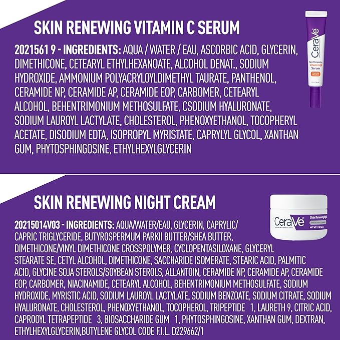 CeraVe Vitamin C Serum and Night Cream Skin Care Set, Brightening Serum with 10% Pure Vitamin C and Night Moisturizer with Peptides, Hyaluronic Acid and Ceramides, 1oz Vit C + 1.7oz Moisturizer