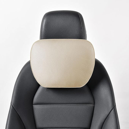 Genuine Leather Car Neck Pillow for headrest,Support Drive Seats Head Cushion,Real Cow Leather,11.8x7.5”,Plant-Based Polyester,Thickness & Height Adjustable,Inner Liner fillable(Beige,1p)