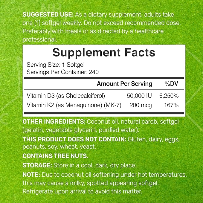 DEAL SUPPLEMENT Vitamin D3 50,000 IU + K2 MK7 200 mcg,240 Softgels | Virgin Coconut Oil, Max Strength Vitamin D & K, Promotes Heart, Bone, & Teeth Health – One Softgel Weekly, Easy to Swallow
