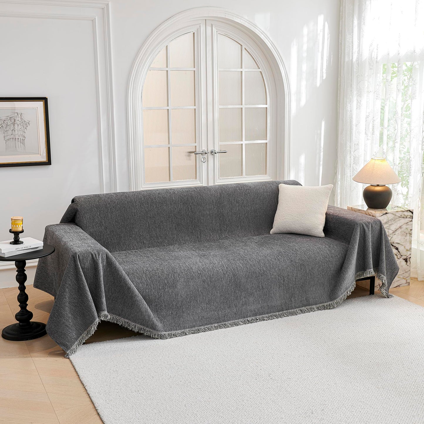MYSKY HOME Couch Cover for Dogs, Washable Couch Covers, Non Slip Couch Sofa Cover, Couch Cover 2 Cushion Sofa Dogs Furniture Protector with Tassels Chenille Sofa Covers for Pets, 71"x118", Dark Grey