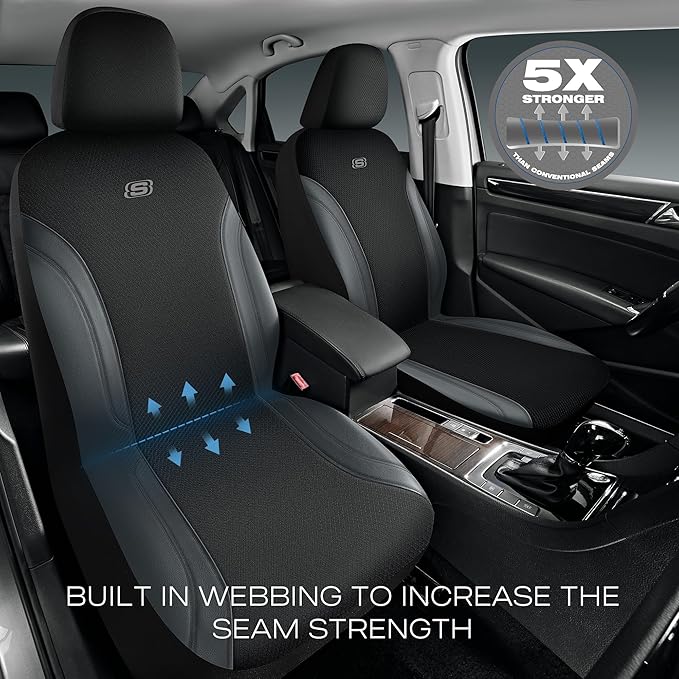Skechers Car Seat Covers, Work Leather Seat Covers 5-Times Stronger Built-in Webbing, Oxford Fabric Seat Cover Full Sets, Airbag Compatible, Automotive Comfort for Cars, Trucks, SUVs,Grey