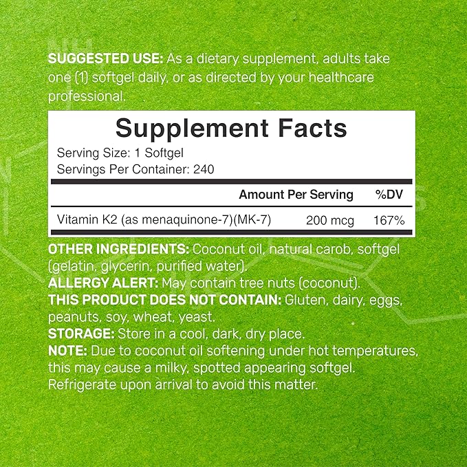 Vitamin K2 MK-7, Infused with Virgin Coconut Oil Softgels | Premium Menaquinone-7 Form, Easily Absorbed Vitamin K Supplement – Bone, Joint, & Immune Support – Non-GMO