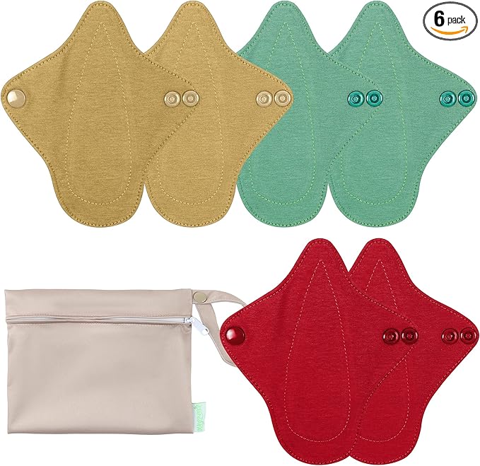 wegreeco 6 Pcs Reusable Menstrual Pads, Ultra Absorbent Cloth Pads for Heavy Flow, Sanitary for Teens, Women, Nonslip, Inner Aqua, Burgundy, Coffe, Rose Gold Outer, XS