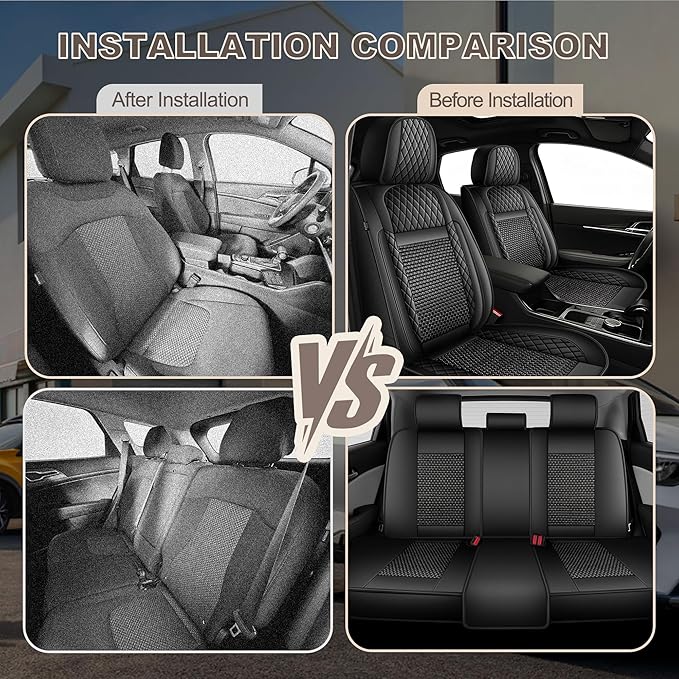 TTX LIGHTING for Kia Rio 2013-2023 Car Seat Covers, Breathable Ice Silk & Leather Seat Protector, Cool & Anti-Sweat for Long Driving, Airbag Compatible, 5 Seats Full Set (Black)