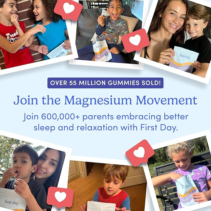 First Day Kids’ Nighttime Reset Calming Magnesium Gummies – Sleep Aid to Support Calm & Relaxation – Bedtime Supplement with Magnesium Citrate, Suntheanine & No Melatonin – 30-Day Supply