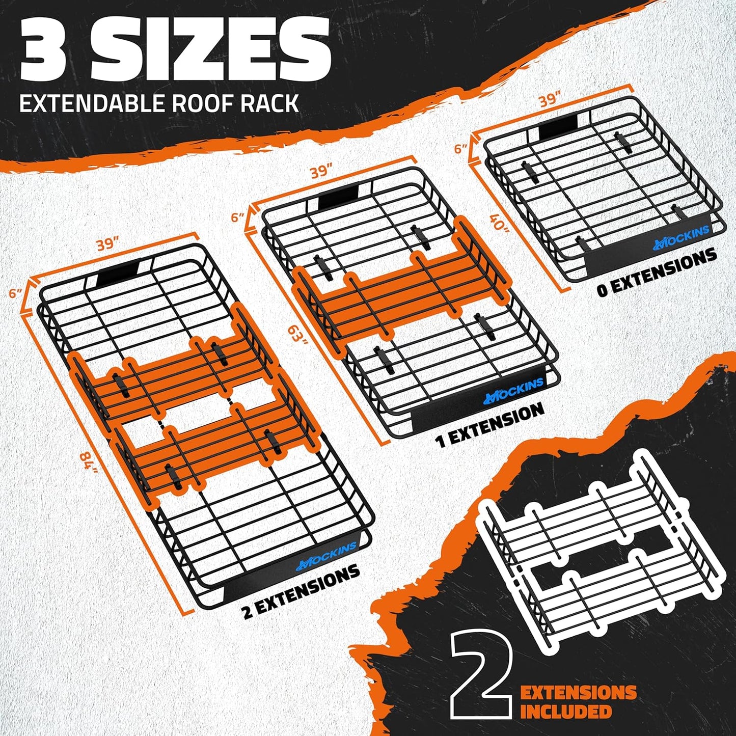 Mockins XL 84"x39"x6" Extendable Roof Rack Cargo Carrier & 35 CuFt Waterproof Cargo Bag for Top of Car | 3 Length Sizes: 40",63",84" Luggage Rack for SUV, Car, & Truck with Roof Basket Accessories